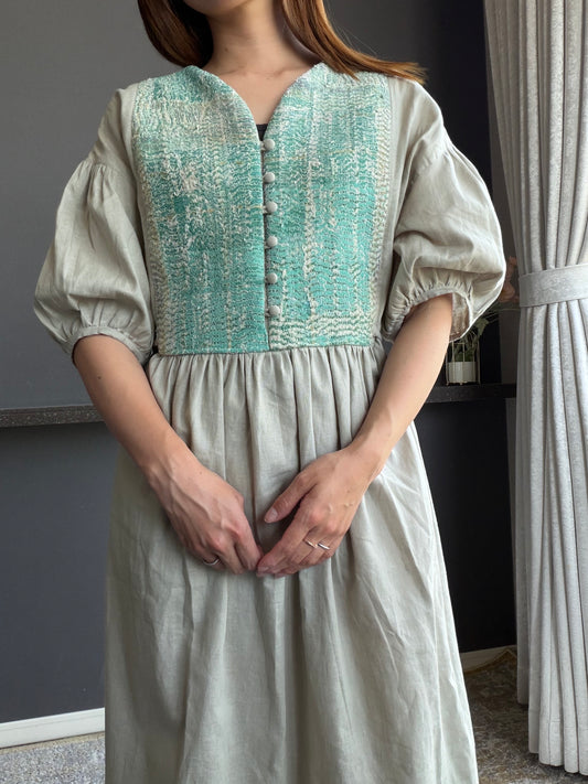 yui結(ゆい)ワンピース　半袖ヴィンテージカンタキルト ワンピース｜日本製 綿麻キレイめナチュラルワンピース　ライトグレー③