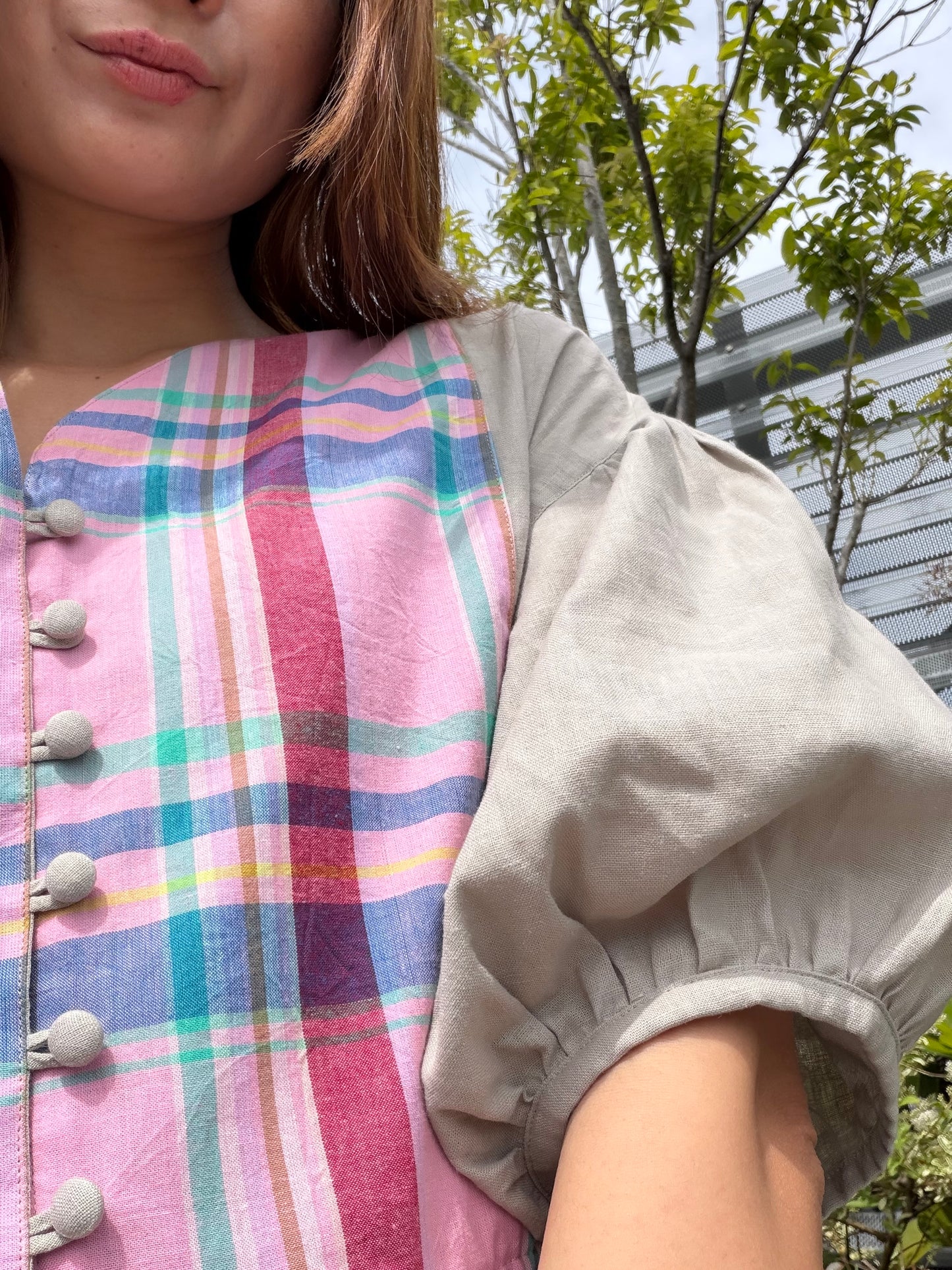 yui結(ゆい)ワンピース　半袖　マドラスチェック③ ワンピース｜日本製 綿麻キレイめナチュラルワンピース