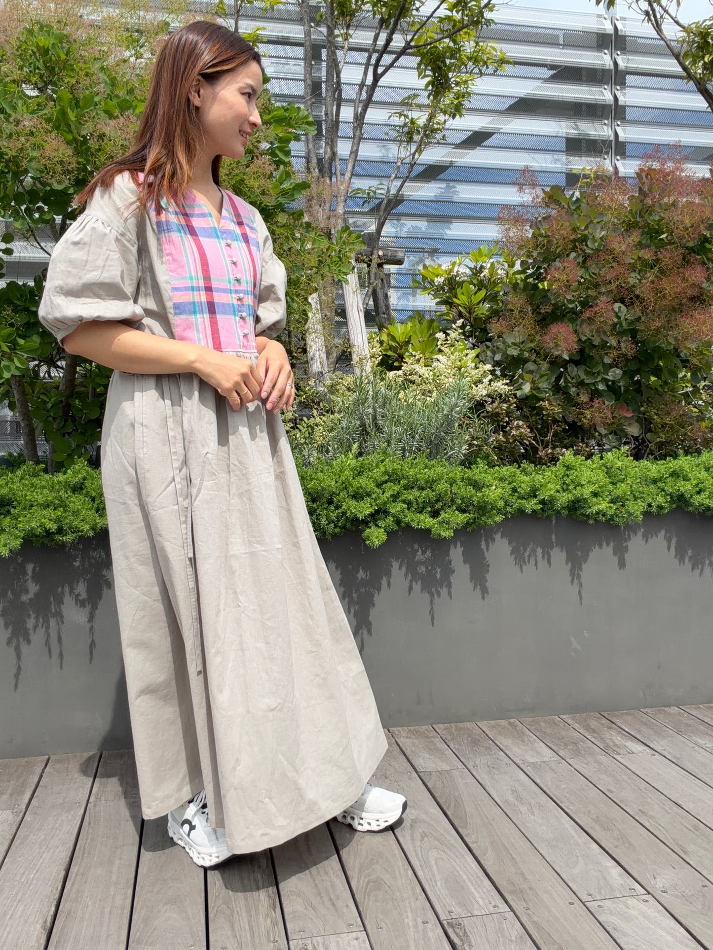 yui結(ゆい)ワンピース　半袖　マドラスチェック③ ワンピース｜日本製 綿麻キレイめナチュラルワンピース