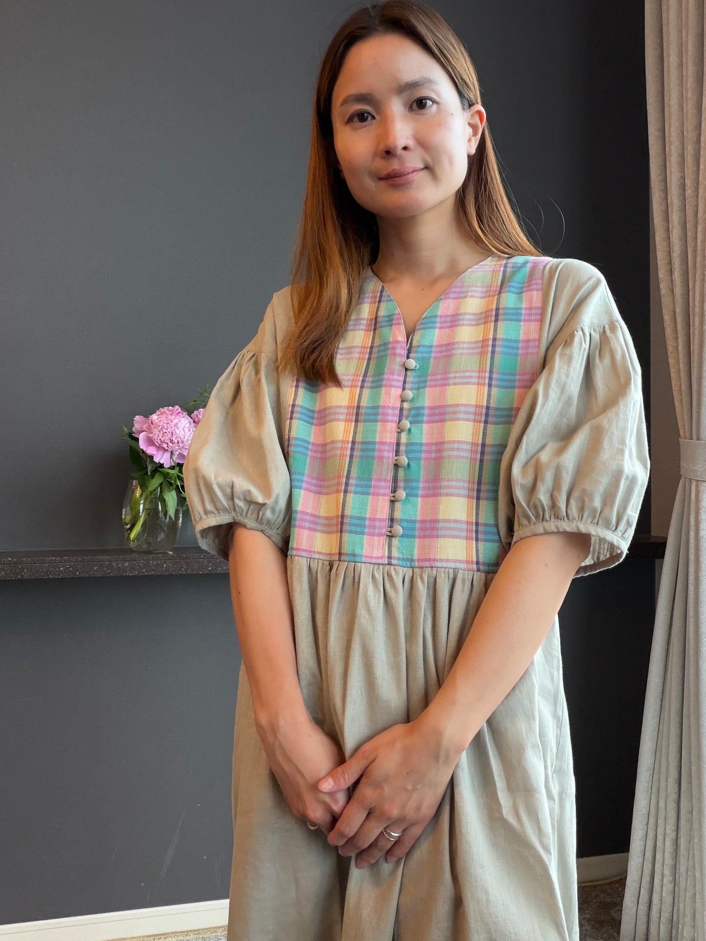 yui結(ゆい)ワンピース　半袖　マドラスチェック② ワンピース｜日本製 綿麻キレイめナチュラルワンピース