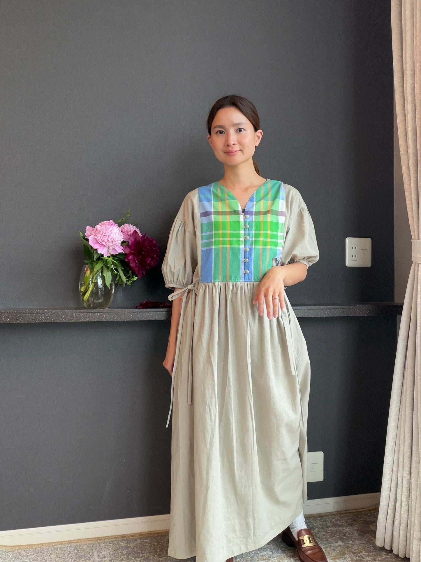 yui結(ゆい)ワンピース　半袖　マドラスチェック① ワンピース｜日本製 綿麻キレイめナチュラルワンピース