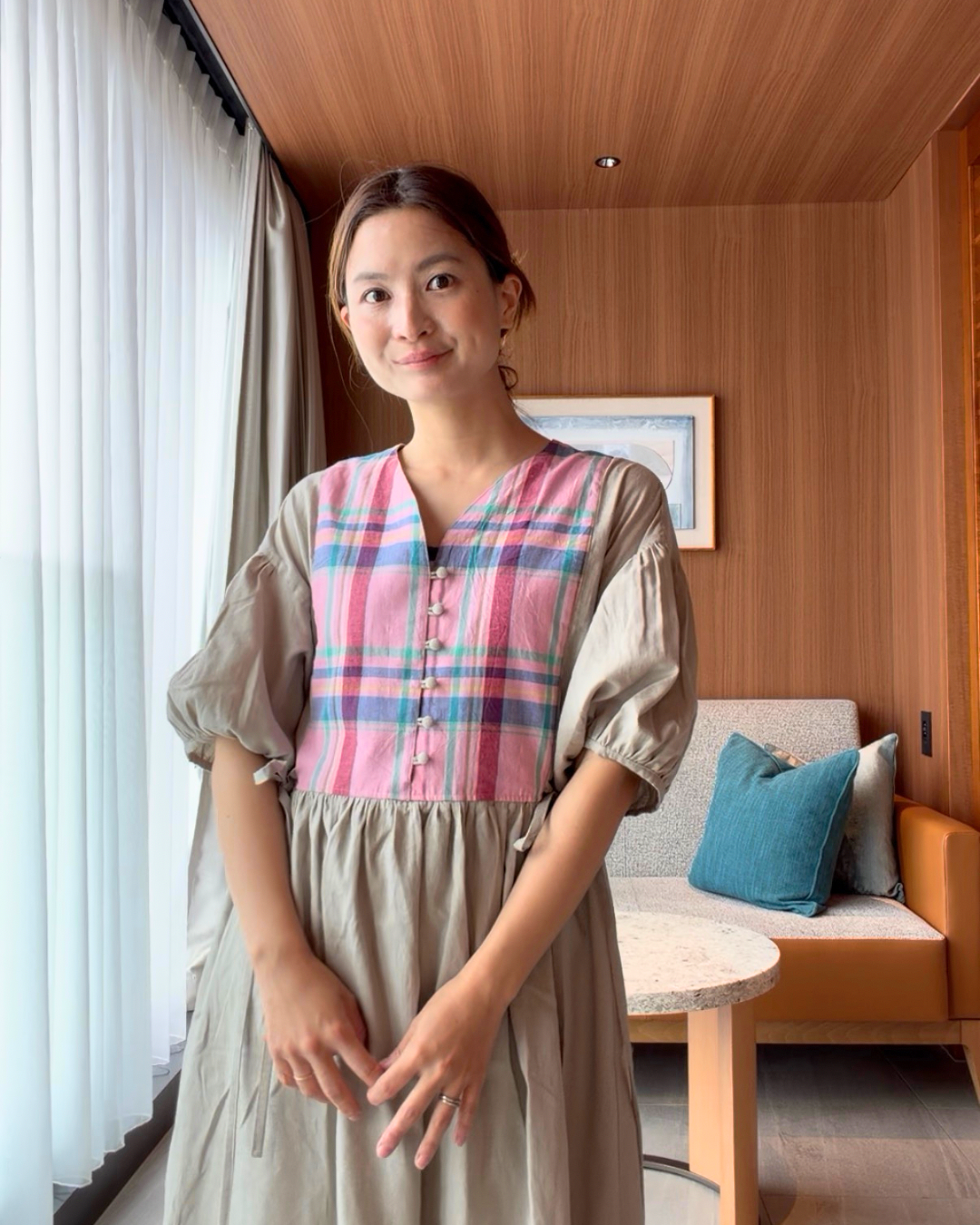 yui結(ゆい)ワンピース　半袖　マドラスチェック③ ワンピース｜日本製 綿麻キレイめナチュラルワンピース